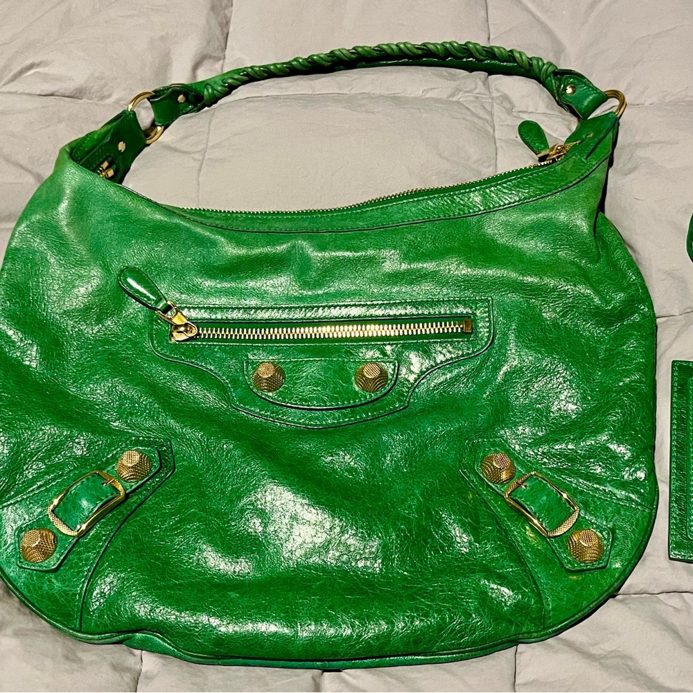 Balenciaga Green Leather Hobo, Vintage w/ Giant Gold HW